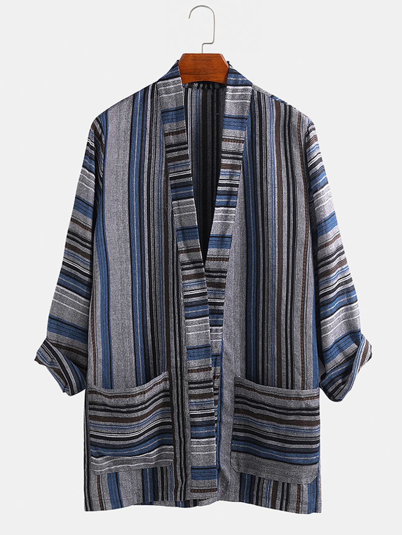 Herre Bomull Vintage Stripe Dobbeltlomme Kimono Cardigan Skjorter