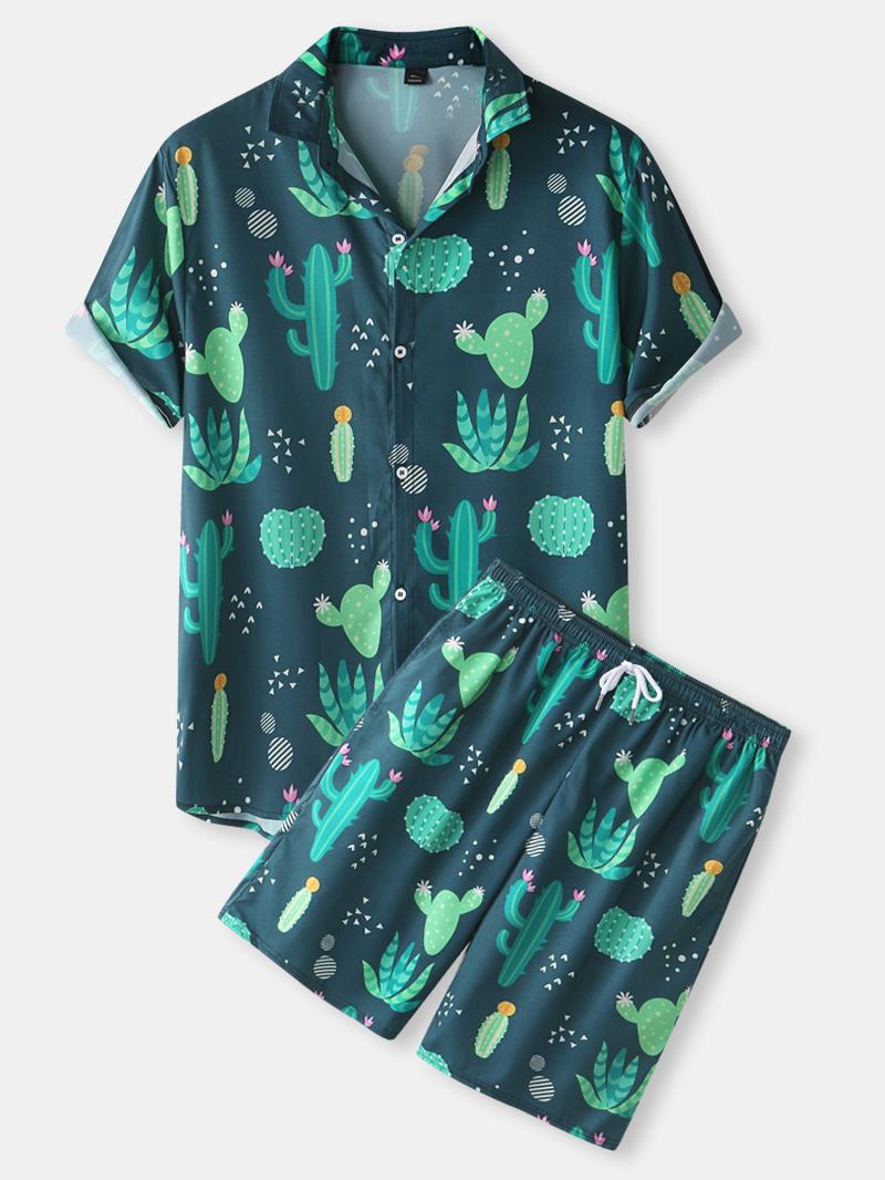 Herre Cactus Plant Med Trykk Lapel Snøring Shorts Holiday Two Pieces Outfits