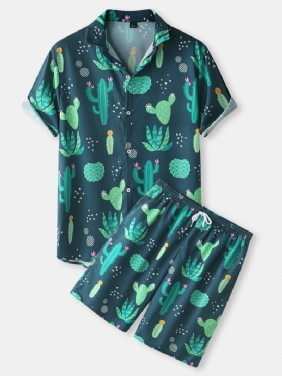 Herre Cactus Plant Med Trykk Lapel Snøring Shorts Holiday Two Pieces Outfits