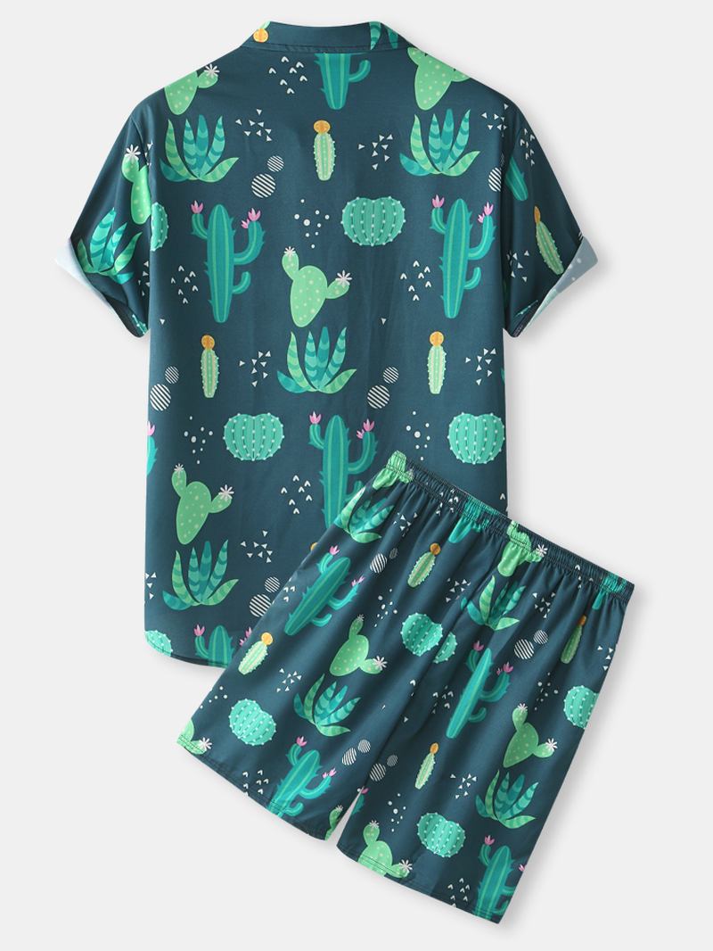 Herre Cactus Plant Med Trykk Lapel Snøring Shorts Holiday Two Pieces Outfits