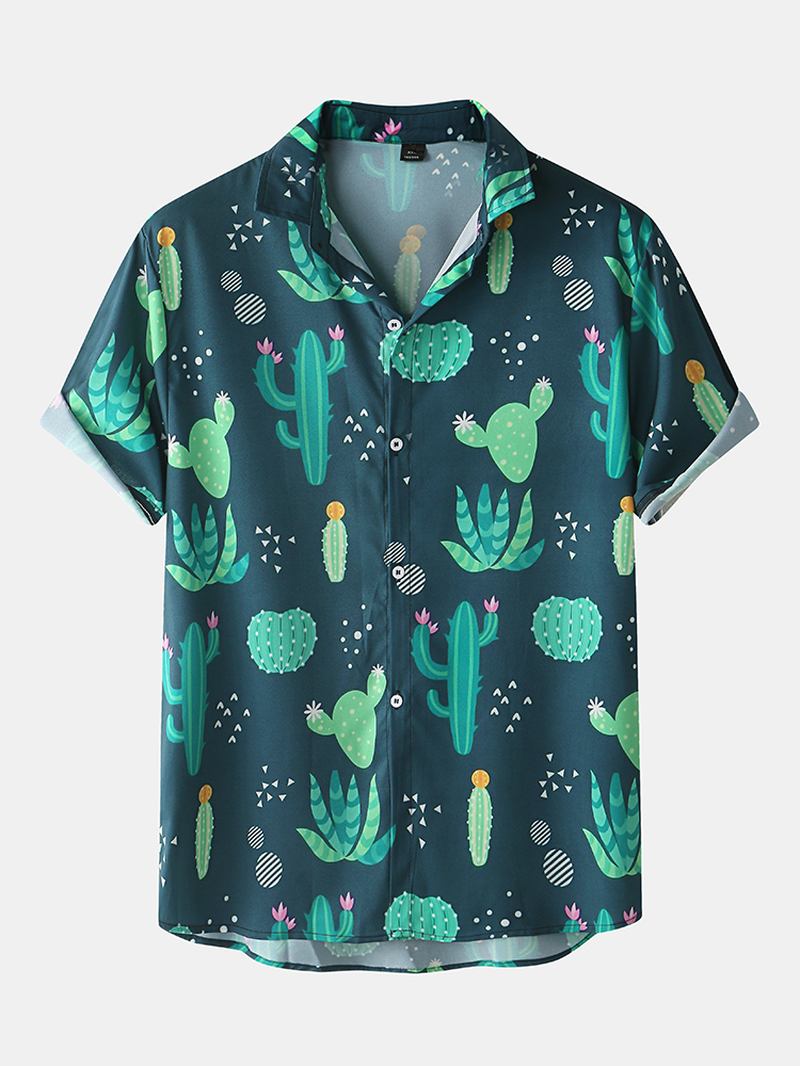 Herre Cactus Plant Med Trykk Lapel Snøring Shorts Holiday Two Pieces Outfits