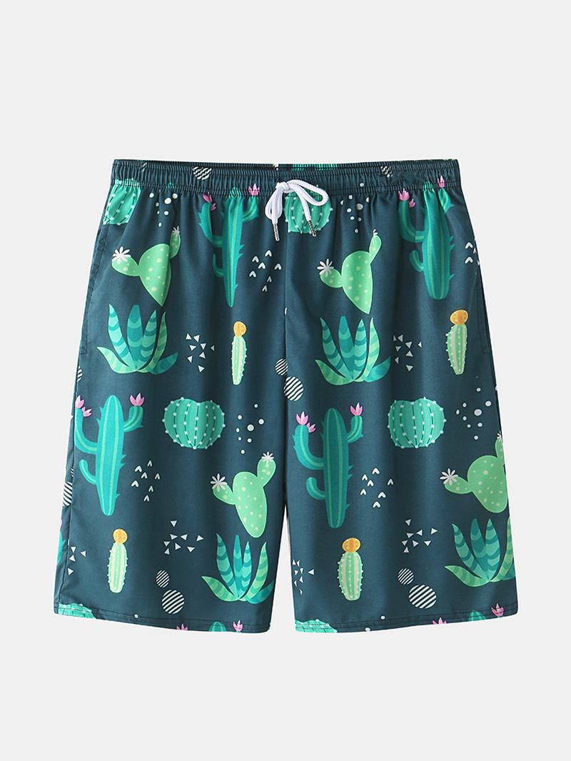 Herre Cactus Plant Med Trykk Lapel Snøring Shorts Holiday Two Pieces Outfits