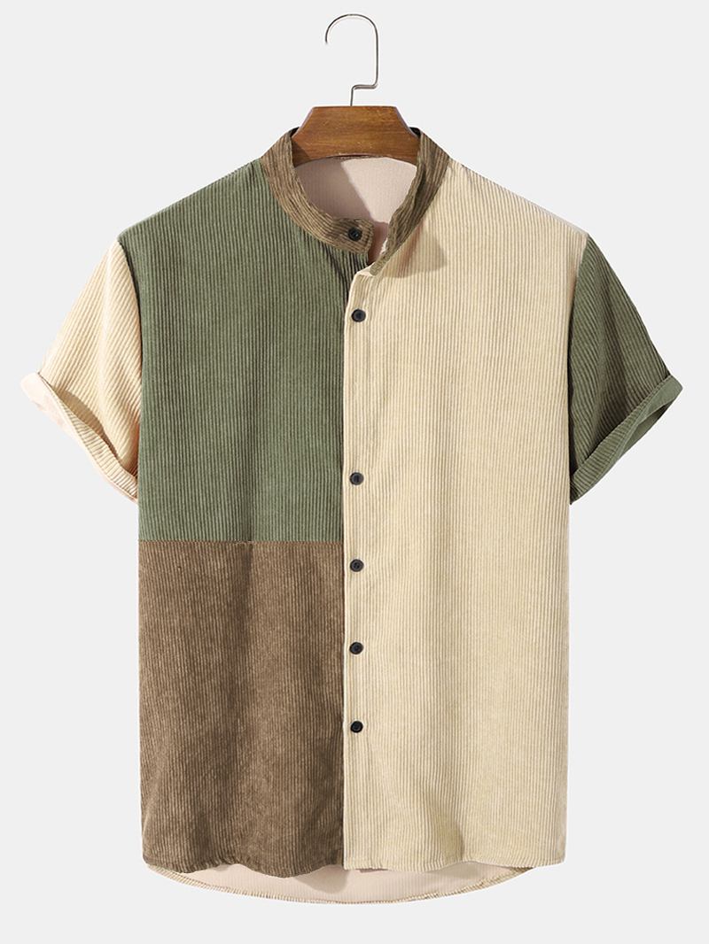 Herre Corduroy Color Block Panel Patchwork Grandad Collar Skjorter