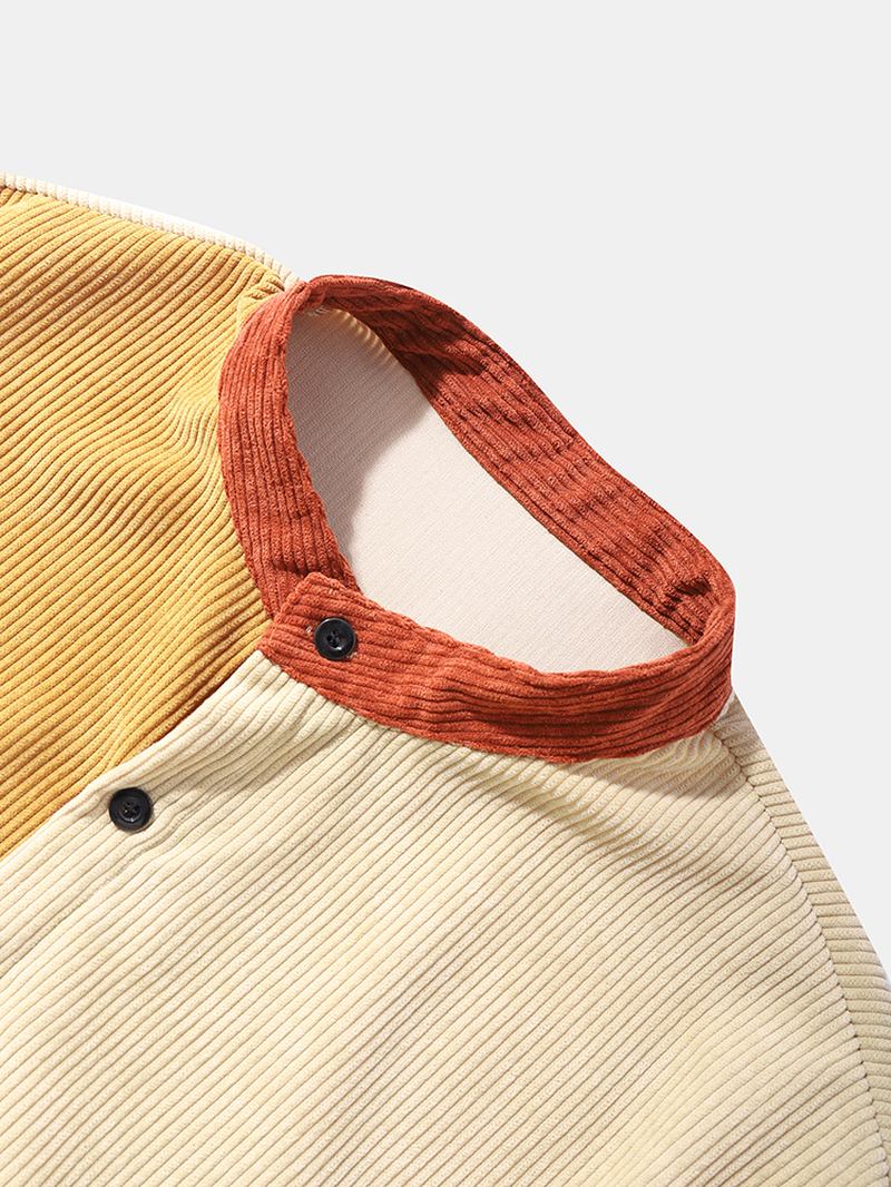 Herre Corduroy Color Block Panel Patchwork Grandad Collar Skjorter