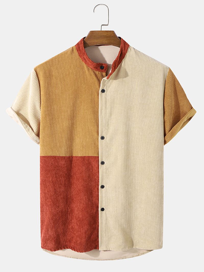 Herre Corduroy Color Block Panel Patchwork Grandad Collar Skjorter