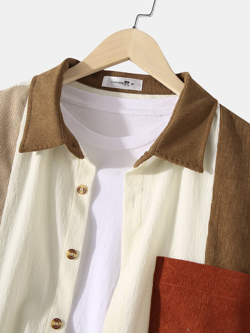 Herre Corduroy Color Block Patchwork Lapel Langermede Skjorter