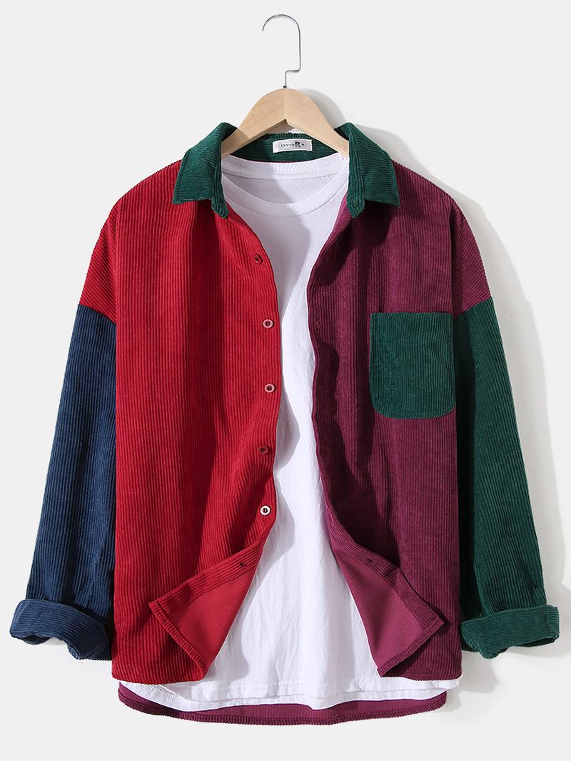 Herre Corduroy Colorblock Stitching Drop Shoulder Fritids Skjorter