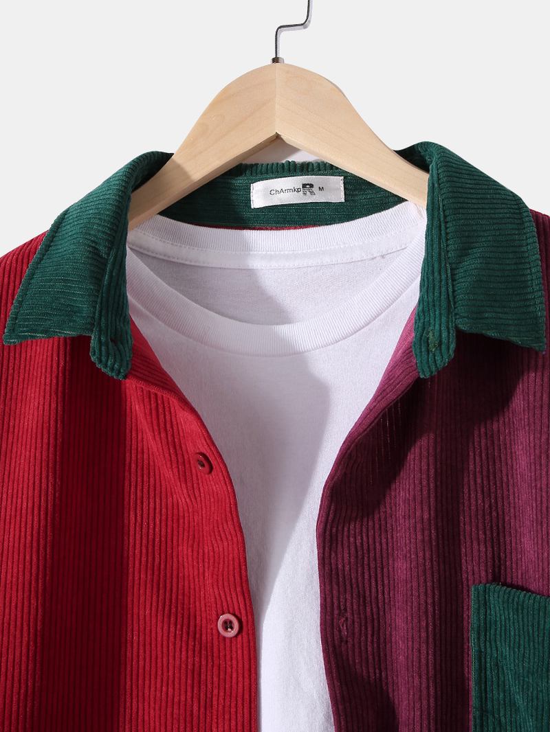 Herre Corduroy Colorblock Stitching Drop Shoulder Fritids Skjorter