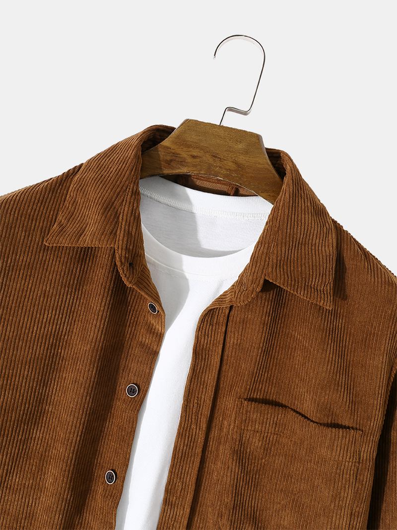 Herre Corduroy Solid Basic Button Pocket Fritids Skjorte