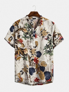 Herre Cottonn Tropical Leaves Printt Kortermede Orientalske Henley-skjorter