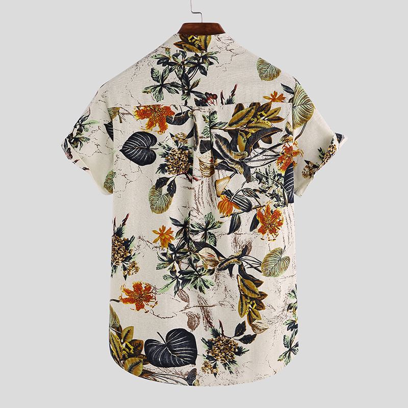 Herre Cottonn Tropical Leaves Printt Kortermede Orientalske Henley-skjorter