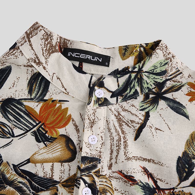 Herre Cottonn Tropical Leaves Printt Kortermede Orientalske Henley-skjorter