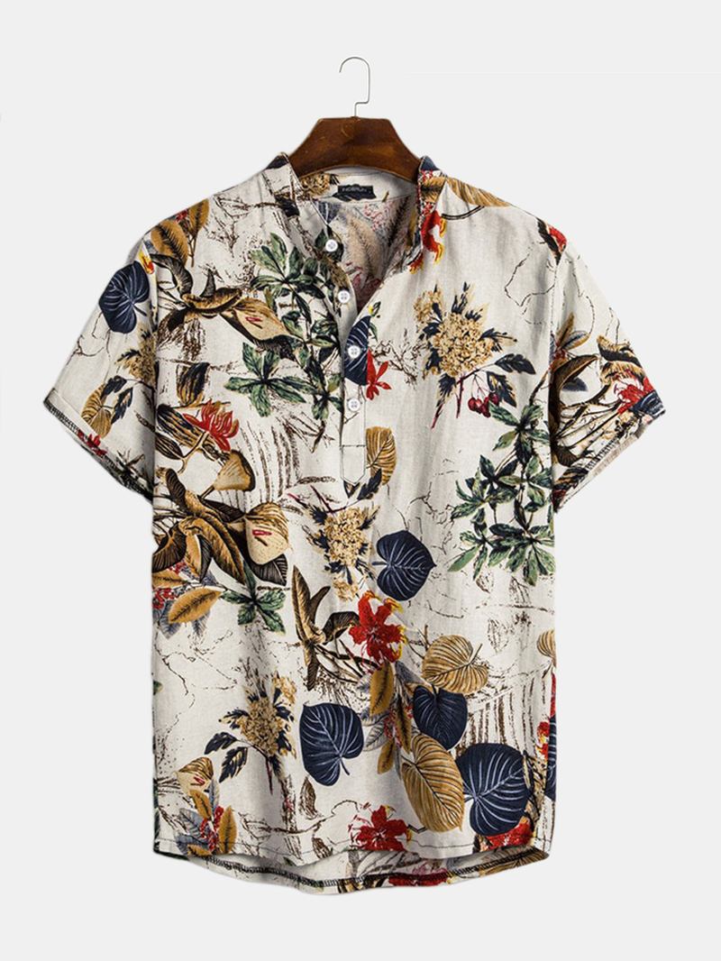 Herre Cottonn Tropical Leaves Printt Kortermede Orientalske Henley-skjorter