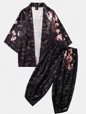 Herre Kimono Etnisk Stil Loong Gragon Med Trykk Elastisk Midje Todelt Antrekk