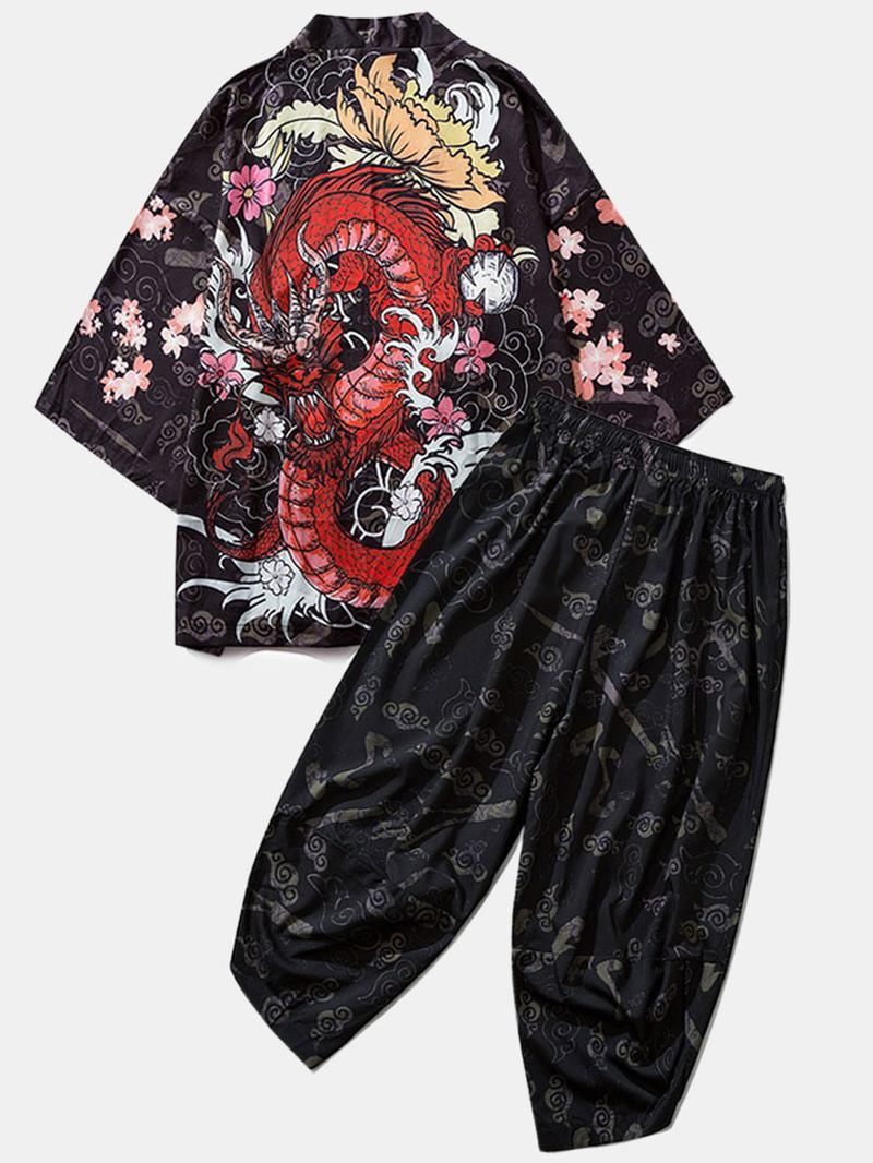 Herre Kimono Etnisk Stil Loong Gragon Med Trykk Elastisk Midje Todelt Antrekk