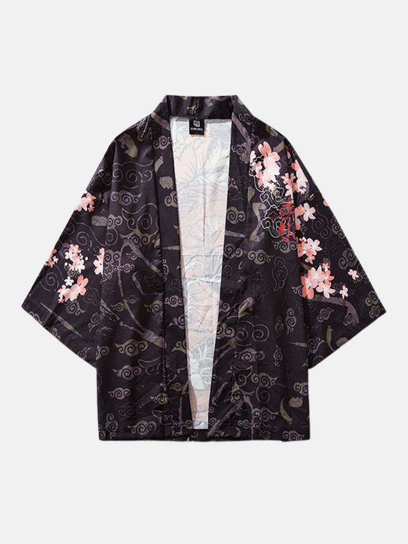 Herre Kimono Etnisk Stil Loong Gragon Med Trykk Elastisk Midje Todelt Antrekk