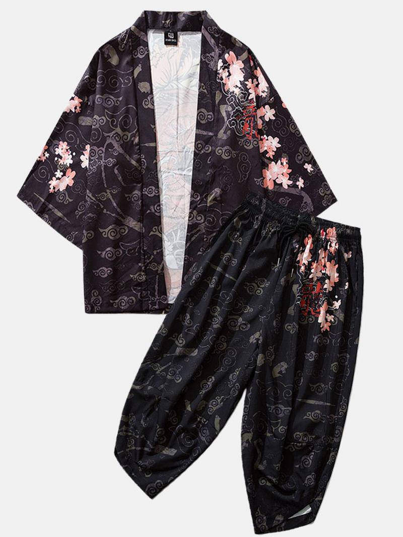 Herre Kimono Etnisk Stil Loong Gragon Med Trykk Elastisk Midje Todelt Antrekk