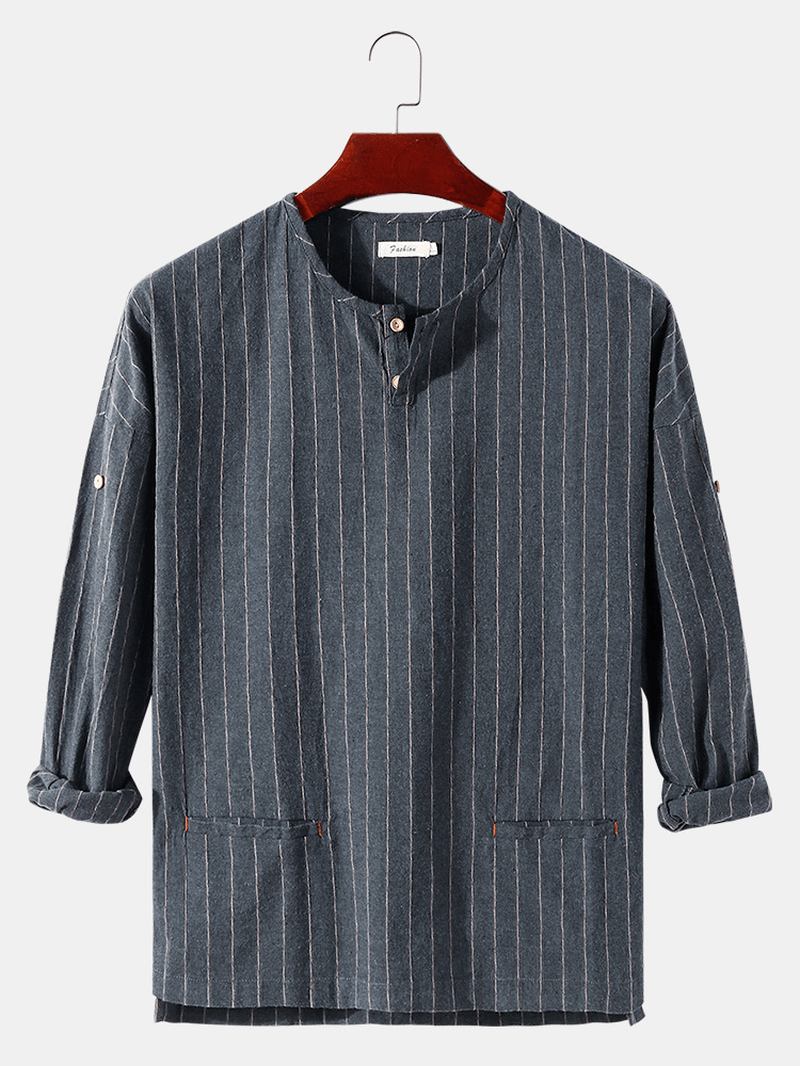 Herre Stripe Halv Åpen Krage Dobbel Pocket Fritids Henley Skjorter