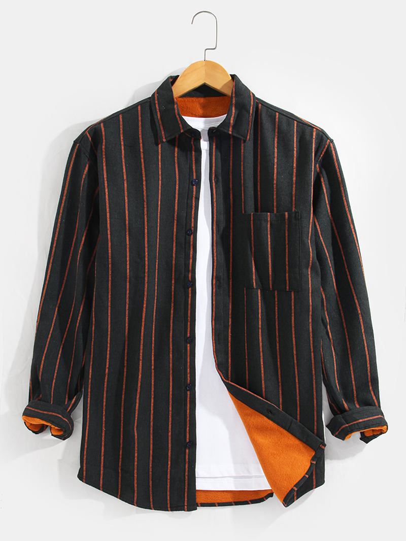 Herre Stripe Varm Tykk Foret Lomme Med Lange Armer Lapel Skjorter