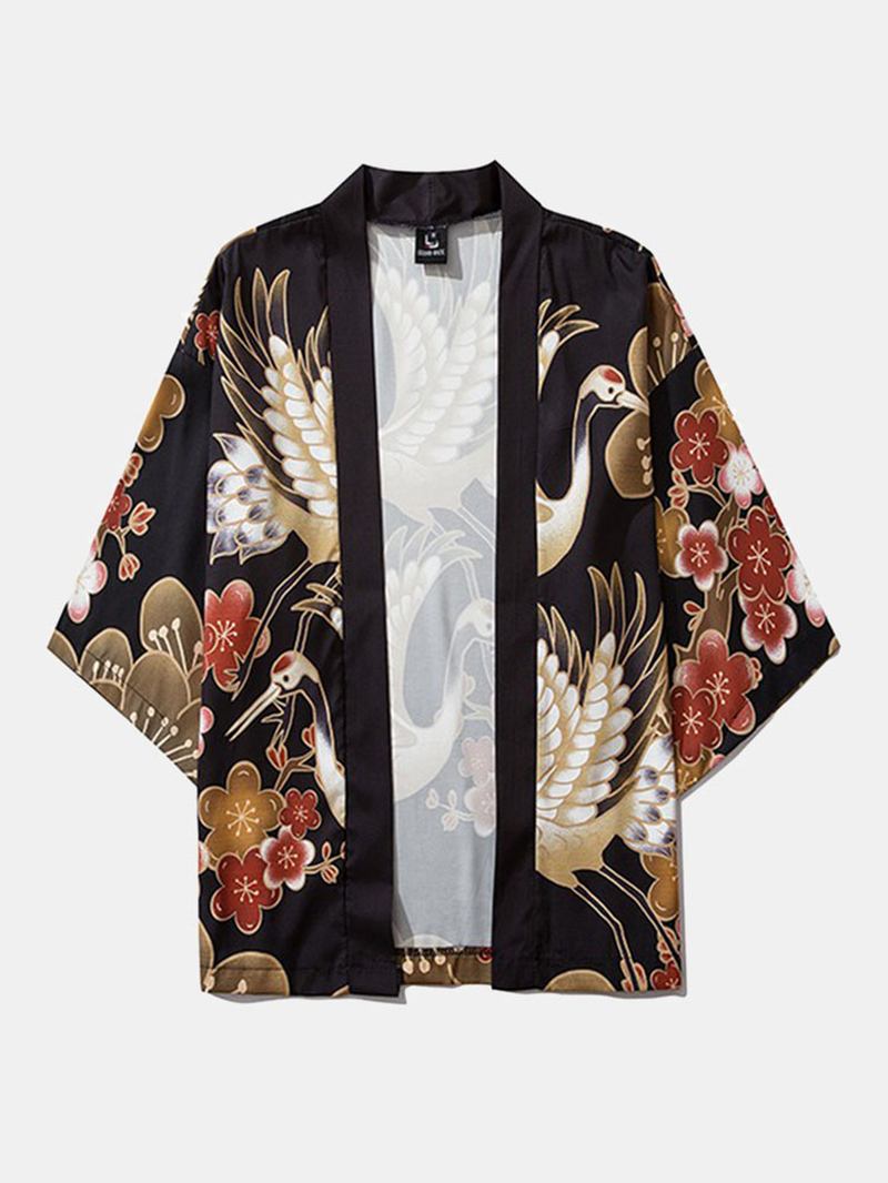 Japansk Kimono Crane Blomstrete Med Trykk Åpen Front Og Bukser Co-ords