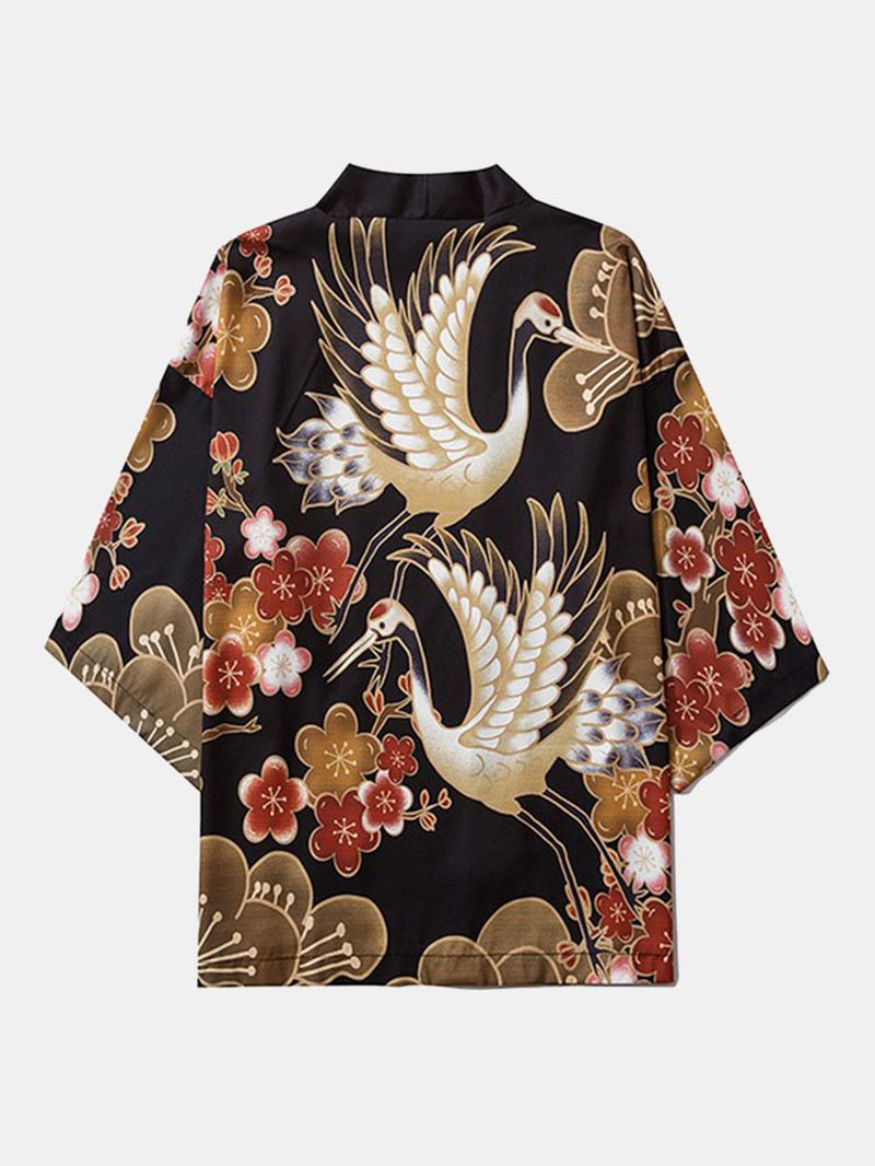 Japansk Kimono Crane Blomstrete Med Trykk Åpen Front Og Bukser Co-ords