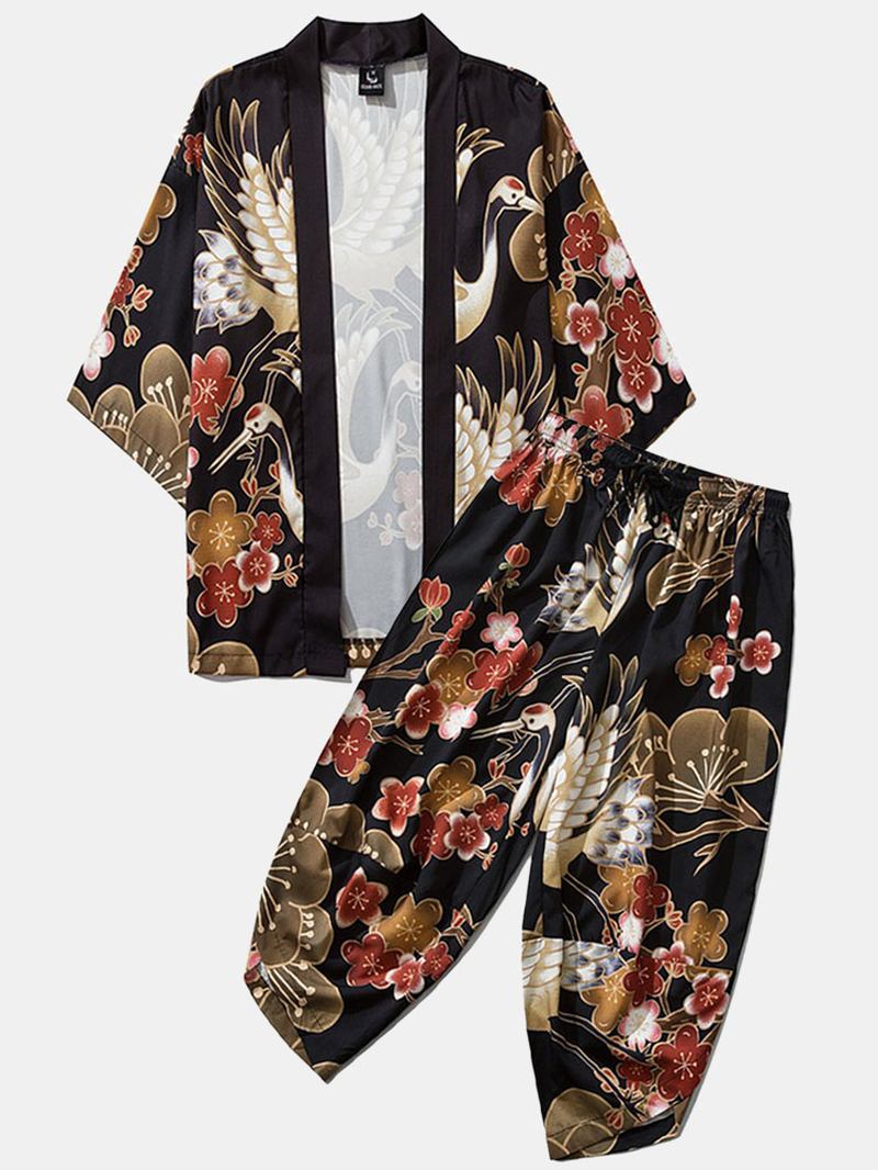 Japansk Kimono Crane Blomstrete Med Trykk Åpen Front Og Bukser Co-ords