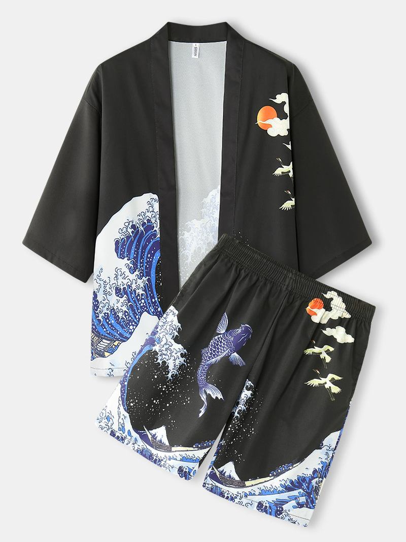 Kimono-bølger For Menn Og Capsmønster Japansk Elastisk Midje Todelt Antrekk