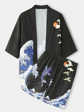 Kimono-bølger For Menn Og Capsmønster Japansk Elastisk Midje Todelt Antrekk