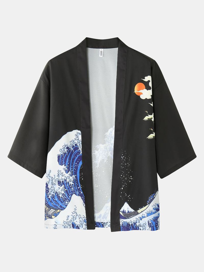 Kimono-bølger For Menn Og Capsmønster Japansk Elastisk Midje Todelt Antrekk