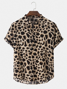 Leopardprint Henley Collar Kortermede Skjorter For Menn