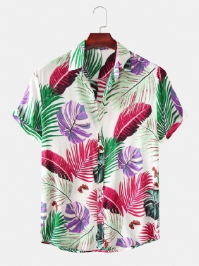 Menn Color Block Leaves Med Trykk Turn Down Collar Hawaii Beach Kortermede Skjorter