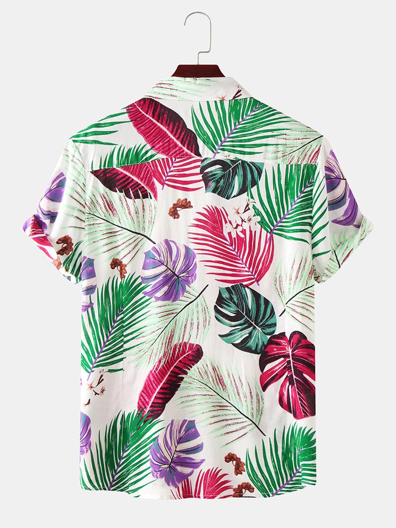 Menn Color Block Leaves Med Trykk Turn Down Collar Hawaii Beach Kortermede Skjorter