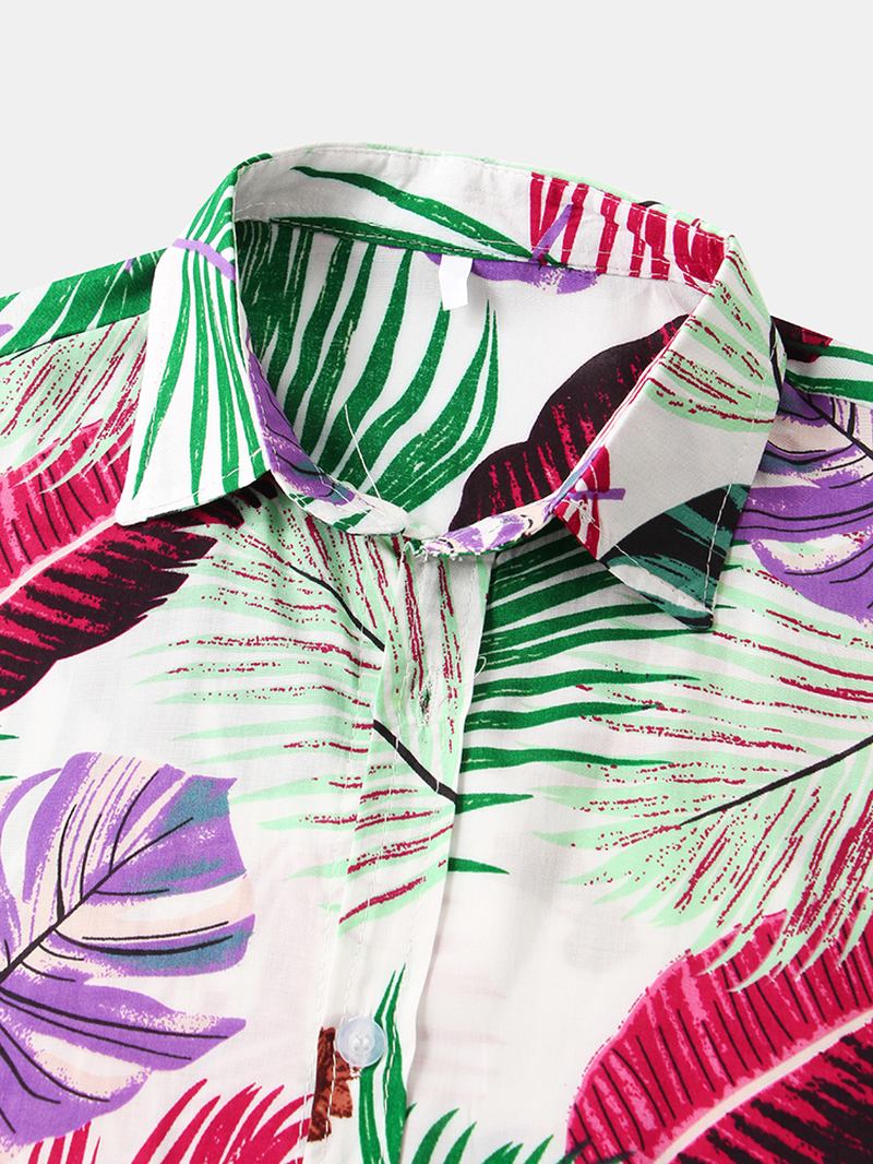 Menn Color Block Leaves Med Trykk Turn Down Collar Hawaii Beach Kortermede Skjorter