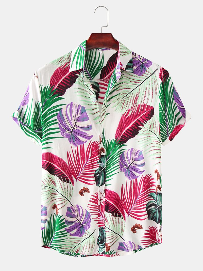 Menn Color Block Leaves Med Trykk Turn Down Collar Hawaii Beach Kortermede Skjorter