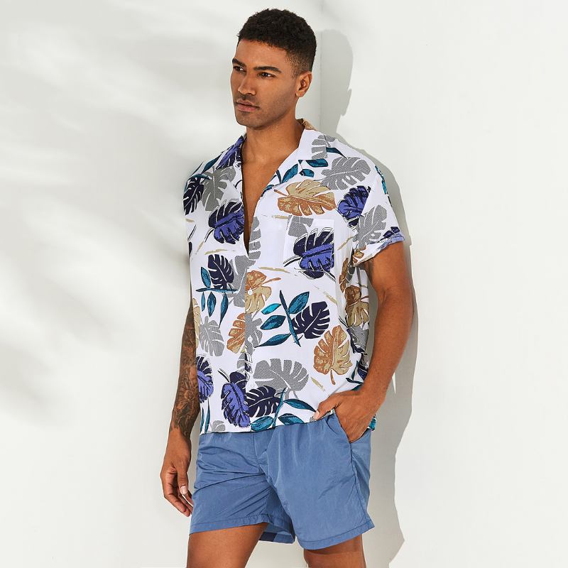 Menn Tropical Plants Med Trykk Hawaiian Beach Shirts