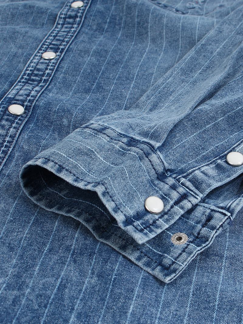 Vintage Stripe Doble Lommer Denim Langermet Fritids Skjorter