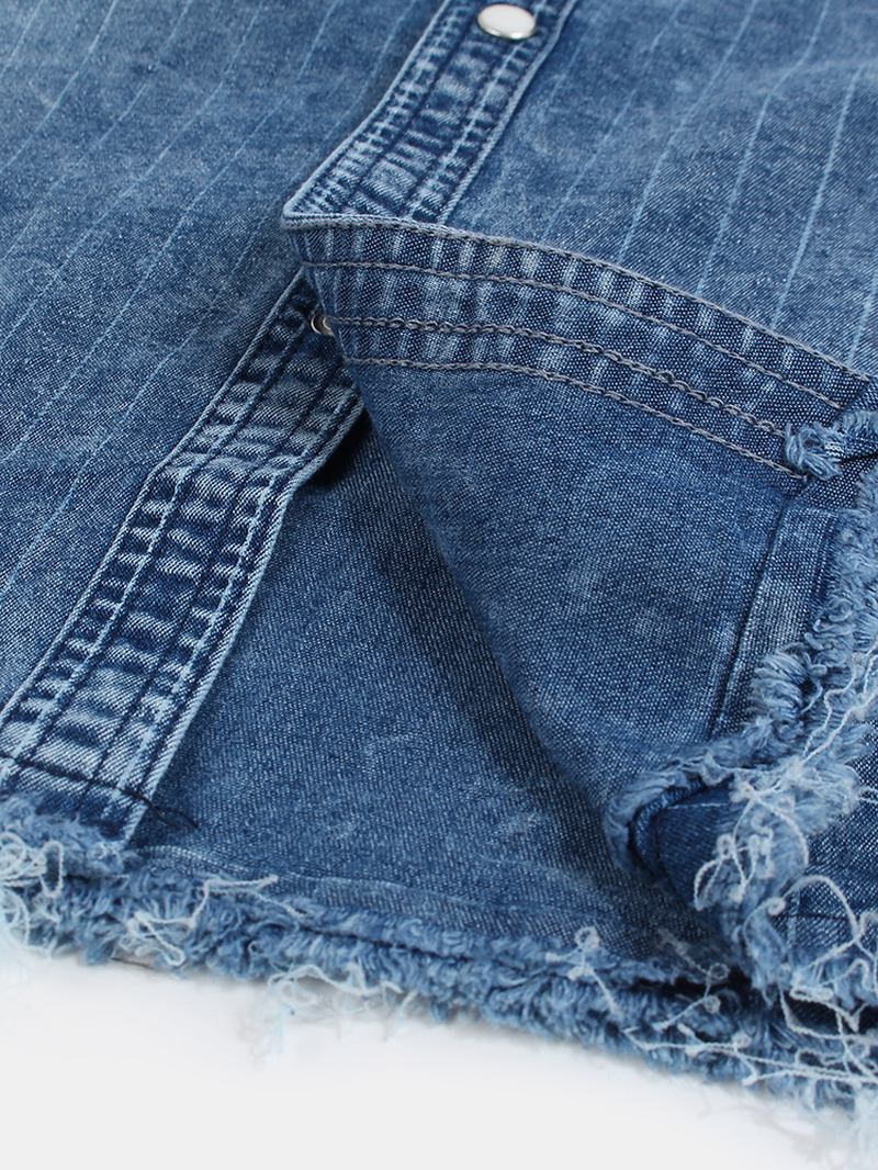 Vintage Stripe Doble Lommer Denim Langermet Fritids Skjorter