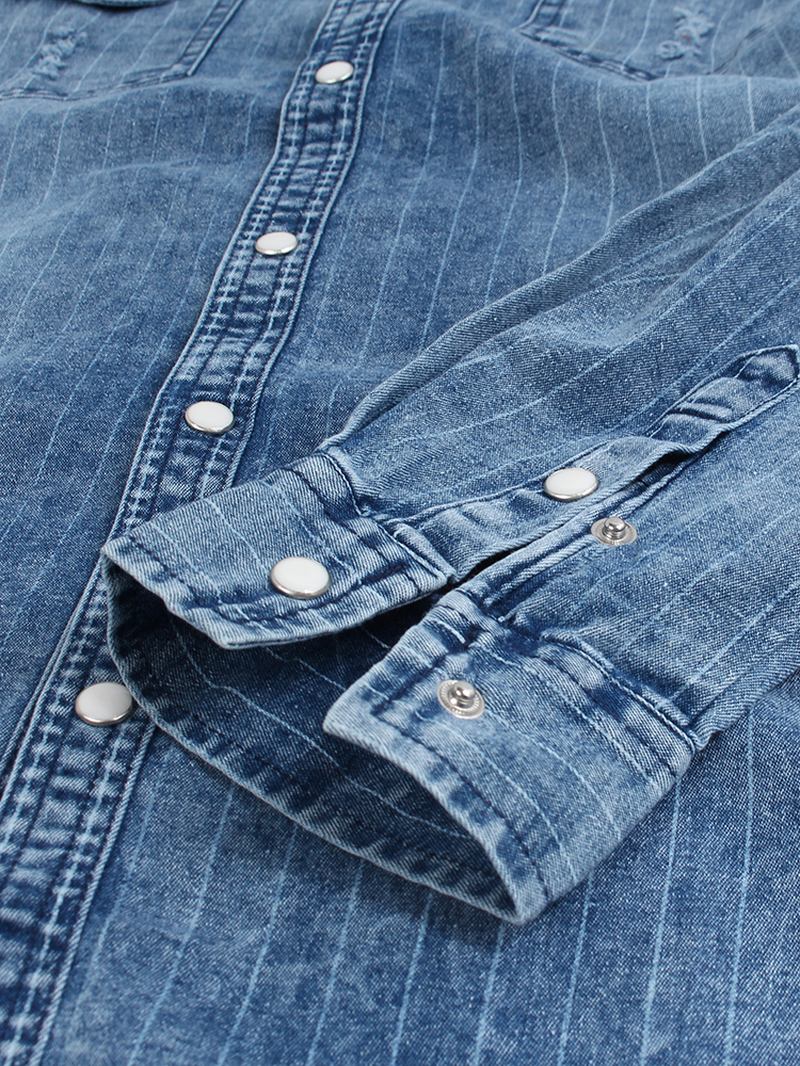 Vintage Stripe Doble Lommer Denim Langermet Fritids Skjorter