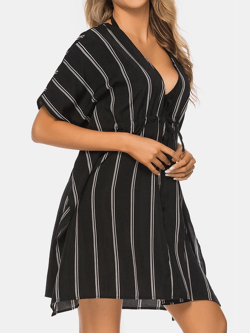 Plus Size Kvinner Striped Front Tie Flaggermus Erme Løs Solbeskyttelse Cover Ups