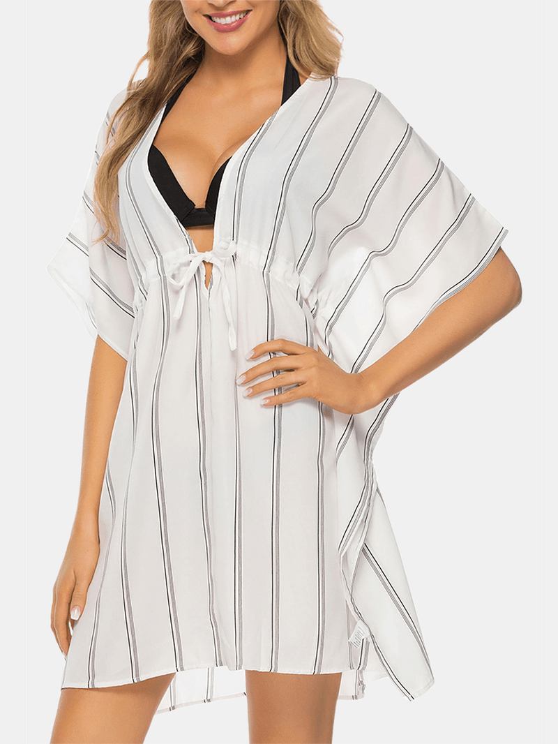 Plus Size Kvinner Striped Front Tie Flaggermus Erme Løs Solbeskyttelse Cover Ups