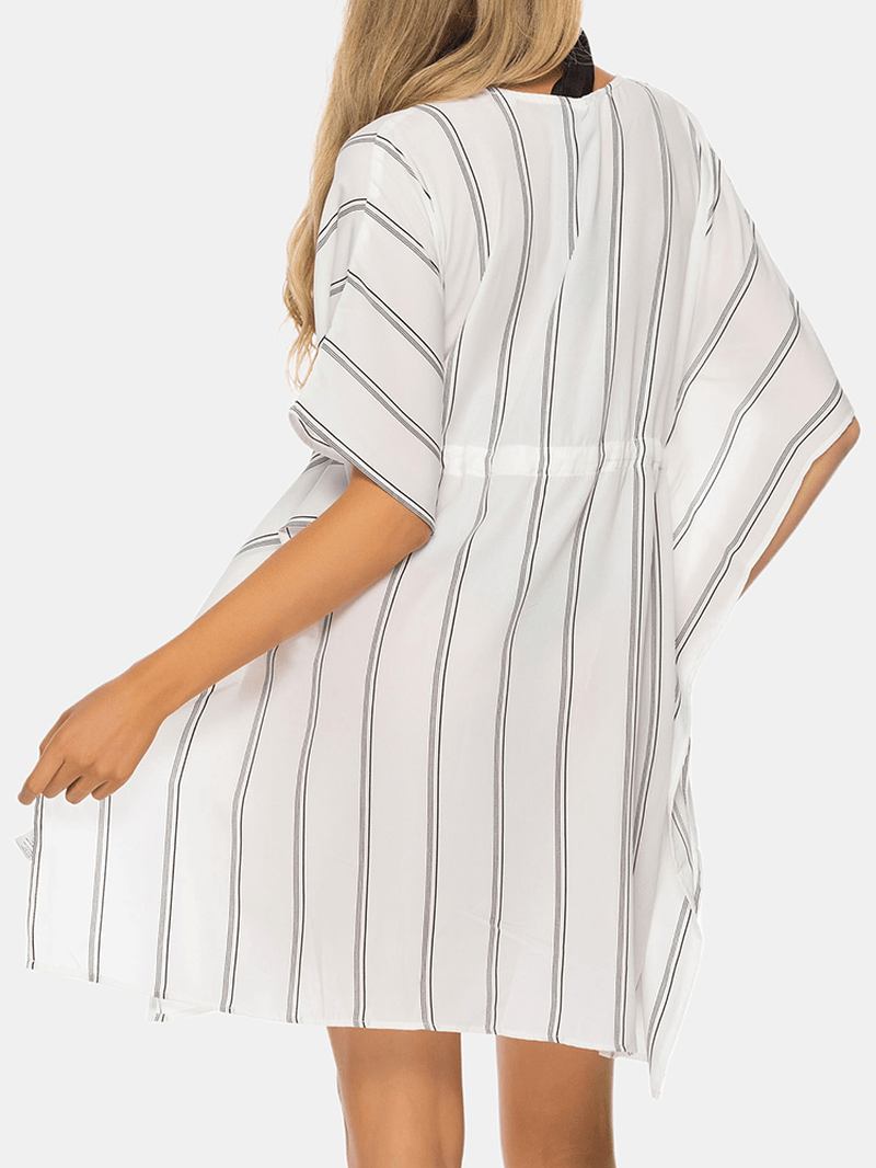 Plus Size Kvinner Striped Front Tie Flaggermus Erme Løs Solbeskyttelse Cover Ups