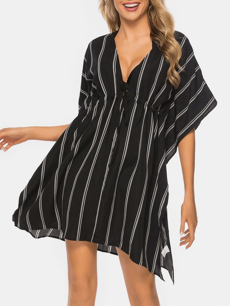 Plus Size Kvinner Striped Front Tie Flaggermus Erme Løs Solbeskyttelse Cover Ups