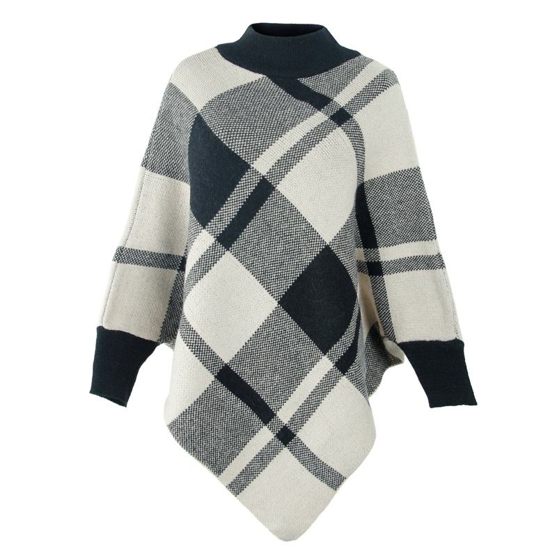 Color Block Check Cape Bat Sleeve Pullover Strikket Sjal