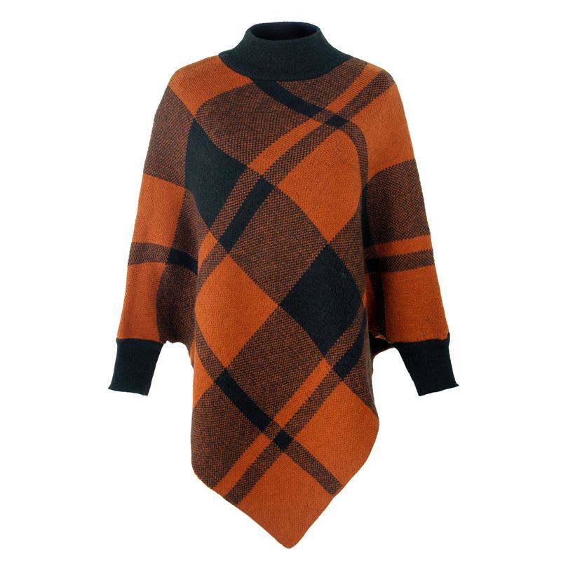 Color Block Check Cape Bat Sleeve Pullover Strikket Sjal