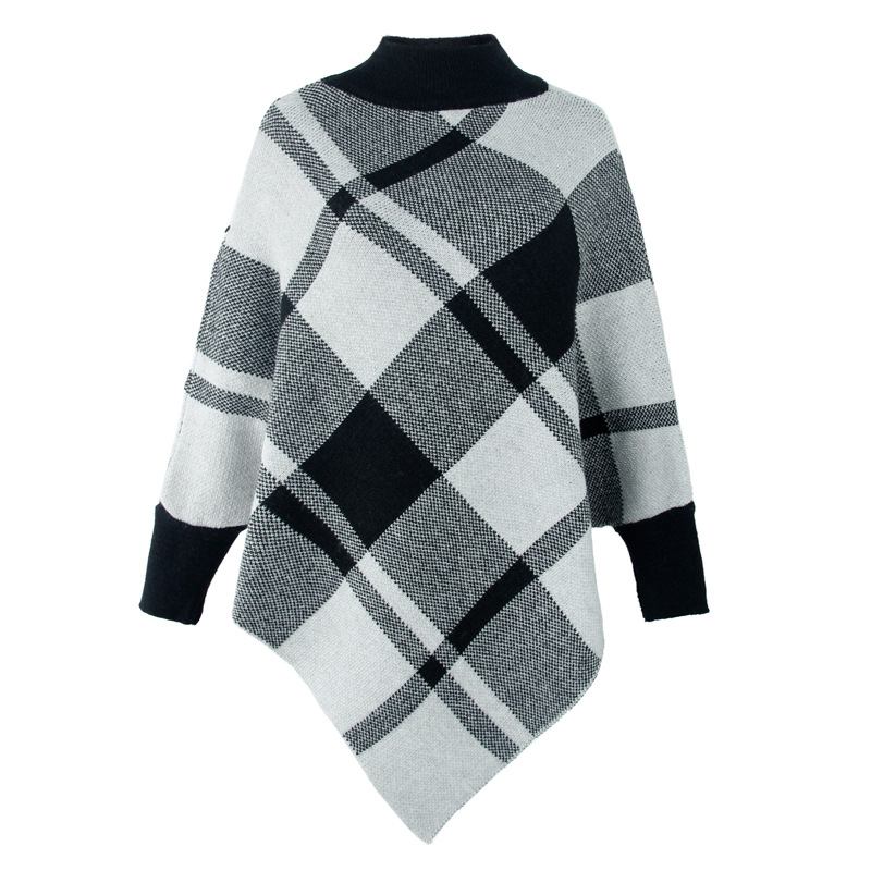 Color Block Check Cape Bat Sleeve Pullover Strikket Sjal