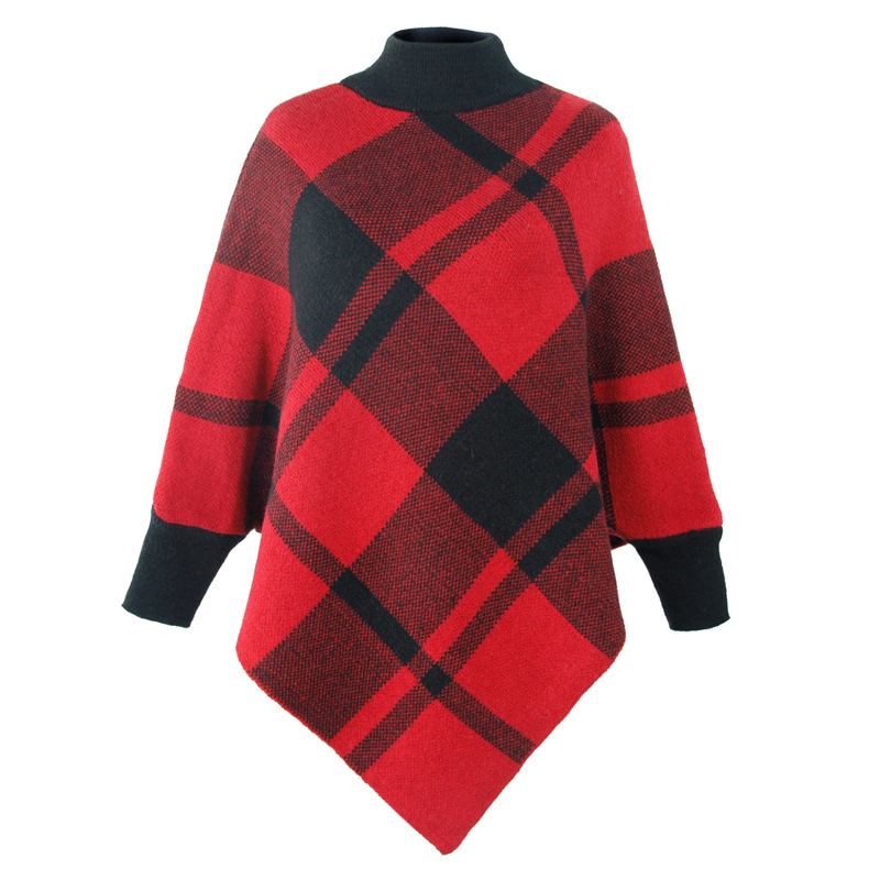 Color Block Check Cape Bat Sleeve Pullover Strikket Sjal