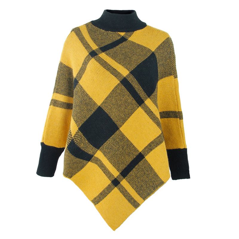 Color Block Check Cape Bat Sleeve Pullover Strikket Sjal