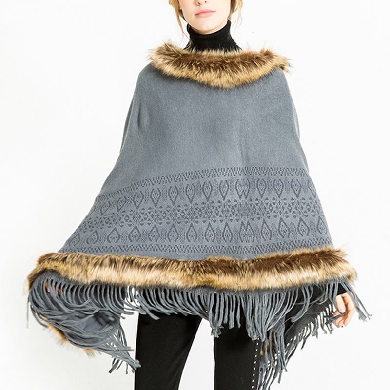 Dame Dusk Solid Pels Poncho Med Hette Varme Skjerf