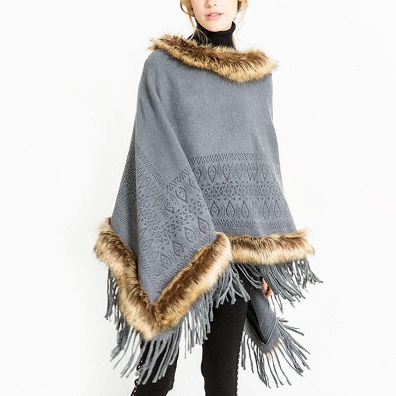 Dame Dusk Solid Pels Poncho Med Hette Varme Skjerf