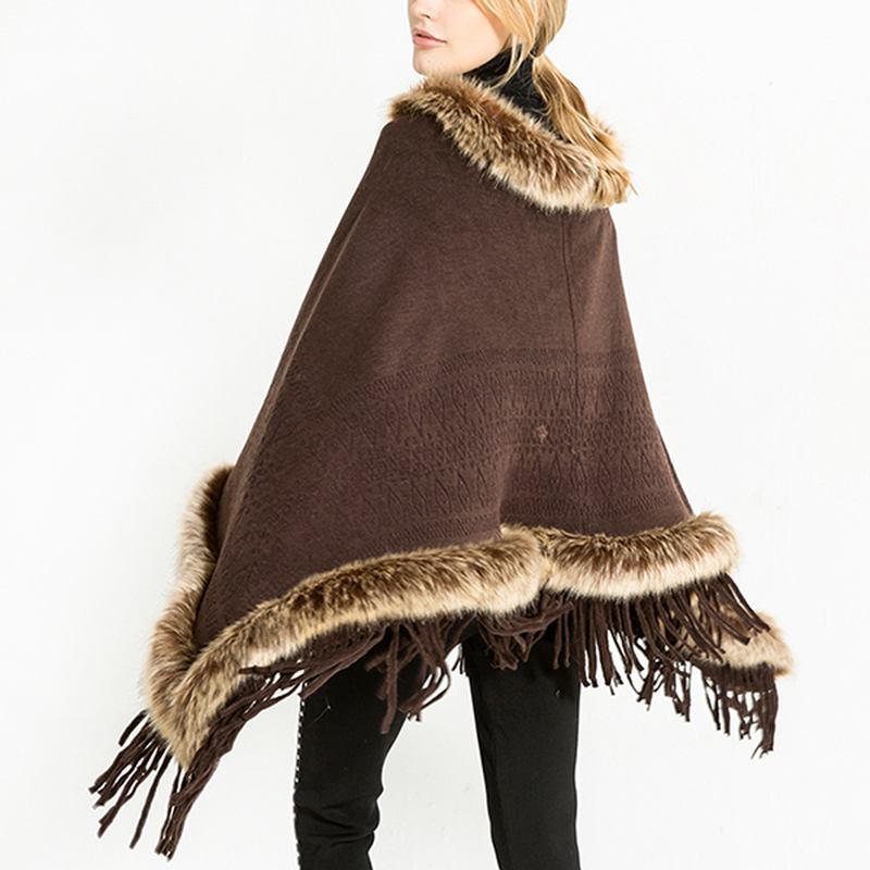 Dame Dusk Solid Pels Poncho Med Hette Varme Skjerf